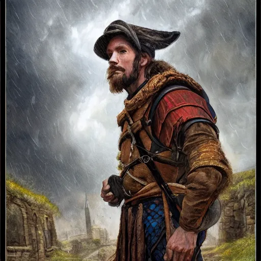 Prompt: portrait of an adventurer, painting by michael wellen, john stephens, in a medieval city, tone mapping, stormy weather, trending on artstation