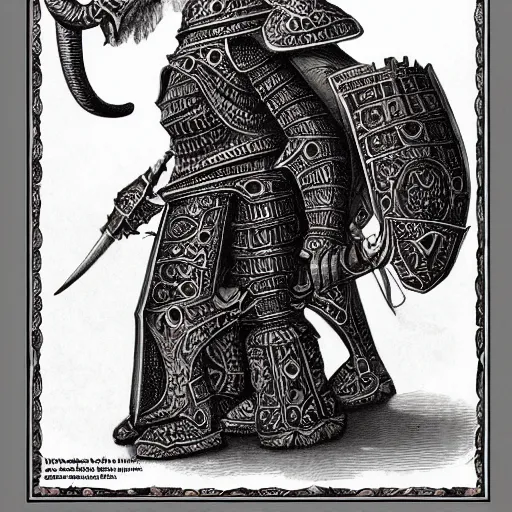 Prompt: elephantine armored knight mace, ornate, anthropomorphic humanoid, elephant head, dungeons and dragons manual illustration, al - qadim