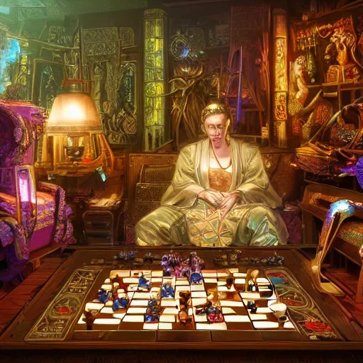 Prompt: beautifully detailed scene of a cyberpunk hyperborean magitech esoteric play and games scholar floral patterned robes in his study with holographic machinery, board games, chess contraptions, video game consoles, controllers, large crt monitors, books light projection mystical outdoor temple natural scene, octane 4 k render videogame gameplay screesnshot