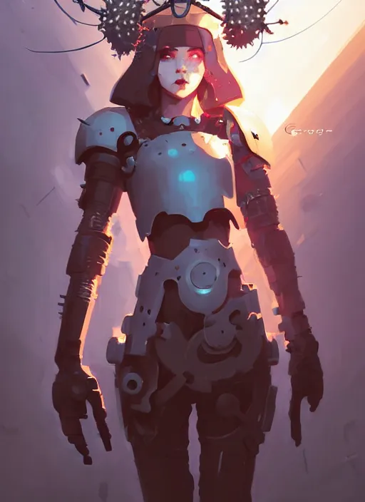 Image similar to portrait of cute maiden girl with crown of thorns in cyber armor, warhammer, cyberpunk, by atey ghailan, by greg rutkowski, by greg tocchini, by james gilleard, by joe fenton, by kaethe butcher, dynamic lighting, gradient light blue, brown, blonde cream and white color in scheme, grunge aesthetic