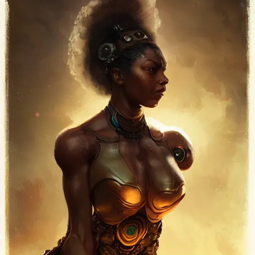 Prompt: a beautiful portrait of a iron goddess by greg rutkowski and raymond swanland, afrofuturism, trending on artstation, ultra realistic digital art