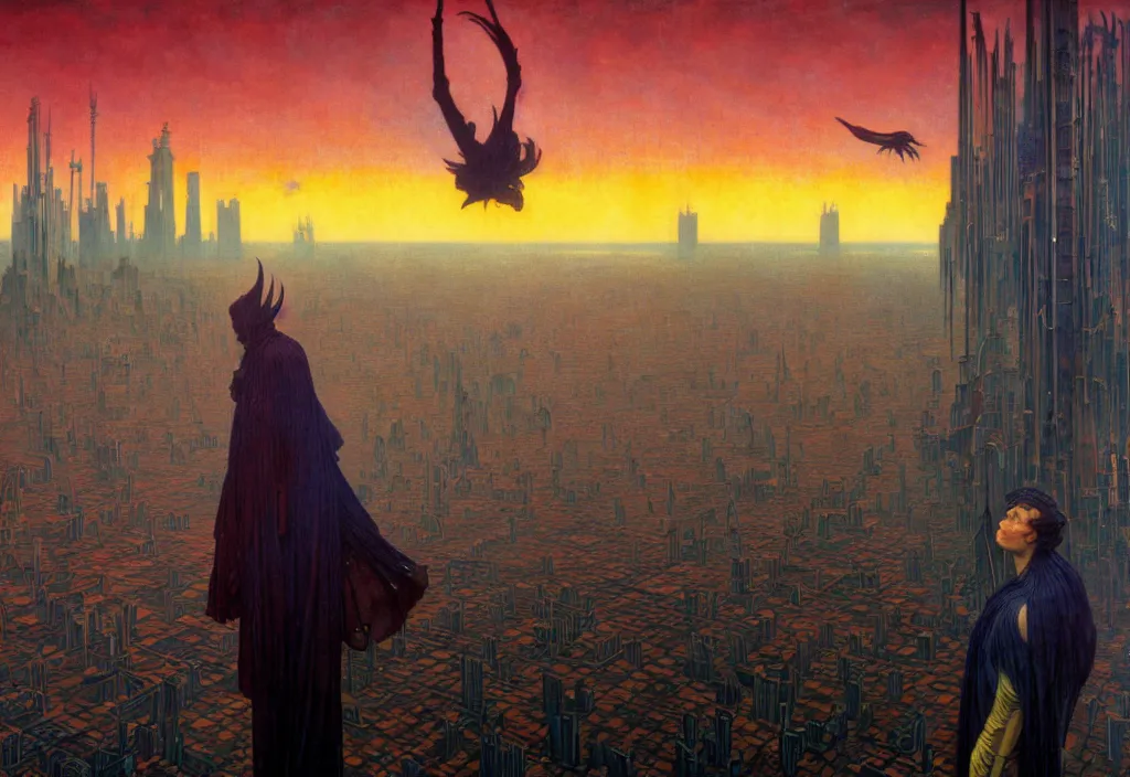 Prompt: realistic detailed portrait movie shot of a birdman wearing dark ragged robes, futuristic city sunrise landscape background by denis villeneuve, jean delville, yves tanguy, alphonse mucha, ernst haeckel, max ernst, roger dean, rich moody colours, cinematic closeup