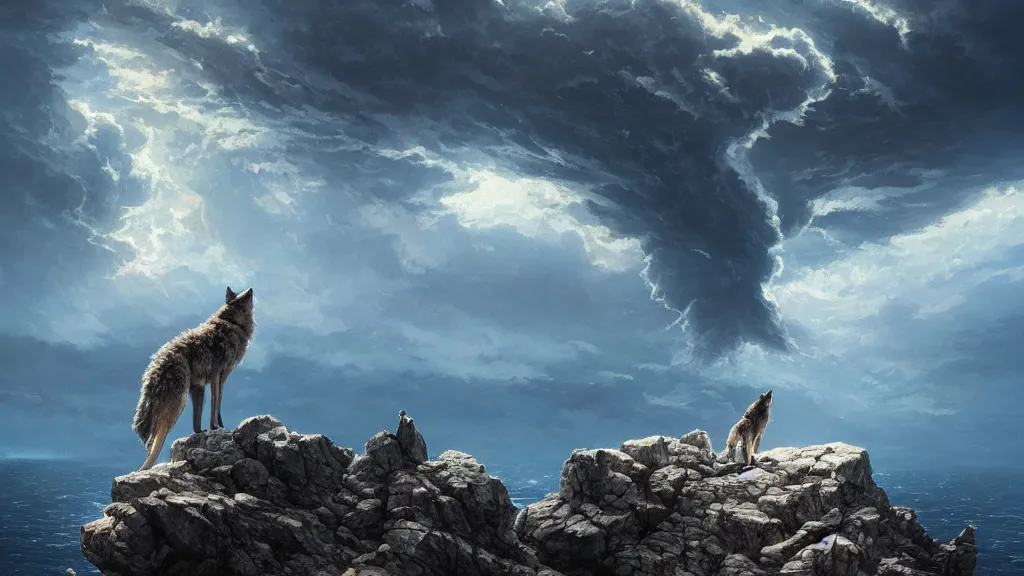 Prompt: A wolf standing on the edge of a rocky cliff looking out towards an underwater nuclear explosion, birds flying away from explosion, mind-bending geometry, explosive shockwaves rippling across sapphire waters below, 4k, trending on Artstation, award-winning, dramatic painting, art by Greg Rutkowski, Studio Ghibli