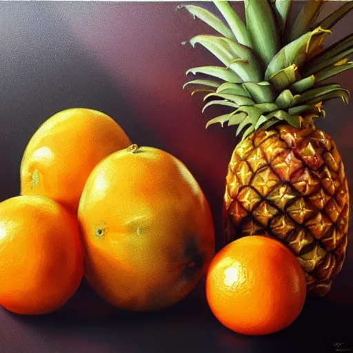 Prompt: A beautiful still life oil painting of Oranges pineapples bananas Pomegranates lying on a silk cloth, fog, volumetric, lighting, summer, hyperrealistic, art by artgerm