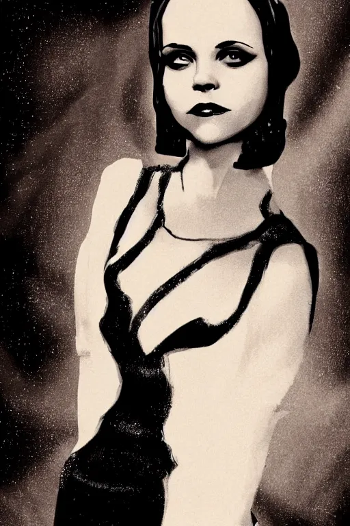 Prompt: a vintage photograph of christina ricci, black, gatsby dress, art deco, depressive vibe, strong subsurface scattering, scary lighting, stunning scene, highly detailed, concept art, trending on artstation