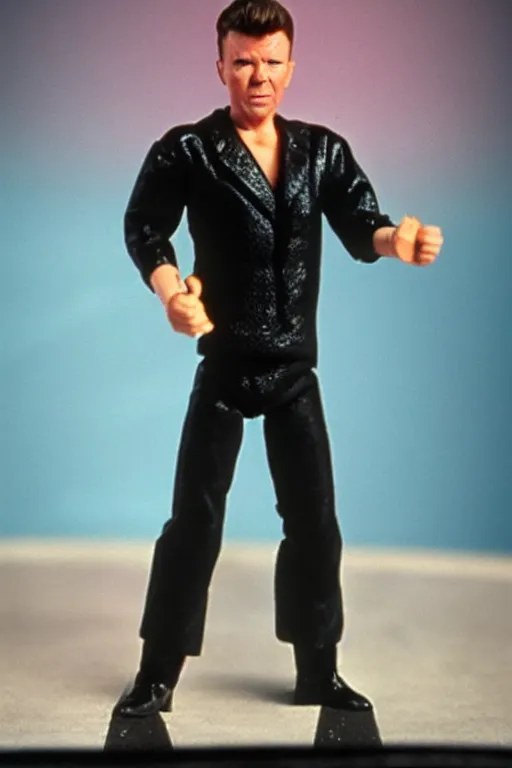 Image similar to rick astley as a 1 9 8 0 s wrestling action figure, explosion background