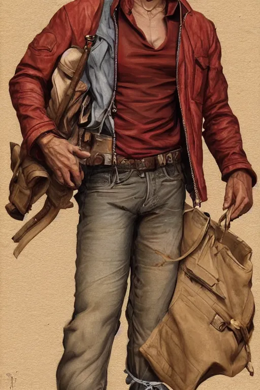 Image similar to character design, reference sheet, 40's adventurer, unshaven, optimistic, stained dirty clothing, straw hat, heavy boots, red t-shirt, dusty brown bomber leather jacket, detailed, concept art, photorealistic, hyperdetailed, , art by Leyendecker