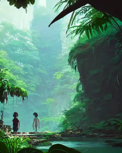 Prompt: forgotten temple, lush vegetation, waterfalls, cory loftis, james gilleard, atey ghailan, makoto shinkai, goro fujita, rim light, exquisite lighting, clear focus, very coherent, plain background, soft painting