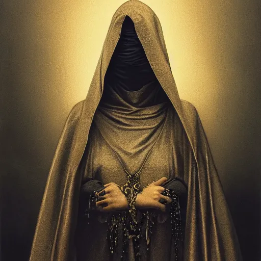 Image similar to a portrait of a young woman wearing a long dark cloak, hood and shadows covering face, holding golden chains, oil painting, matte painting, black background, Volumetric Golden dappled dynamic lighting, Highly Detailed, Cinematic Lighting, Unreal Engine, 8k, HD, by Beksinski