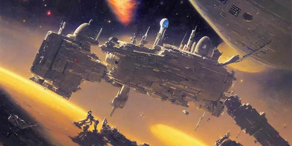 Image similar to a beautiful space scene with a spaceship, ralph mcquarrie, john berkey, alan bean trending on artstation, highly detailed oil painting, hyperrealistic, cinematic, dramatic lighting, sharp color palette