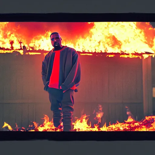 Image similar to a photo of kanye west standing by a burning house, dramatic, ektachrome, vintage, wide angle, warm color palette, light mode, 2. 5 - dimensional, 1 6 k, ultra - hd, megapixel, cga, rays of shimmering light, screen space reflections