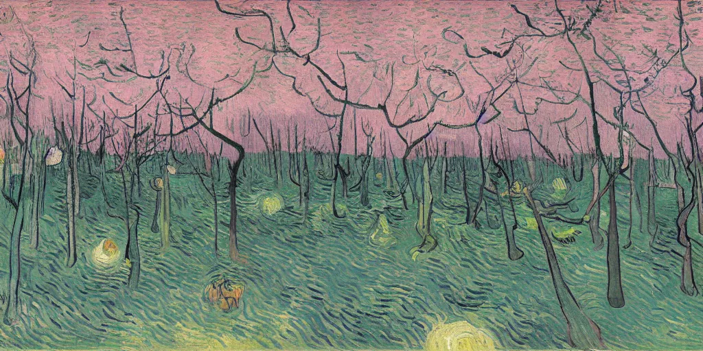 Prompt: a dark cave with bright light at the exit and a pink peach blossom forest outside, by Vincent van Gogh
