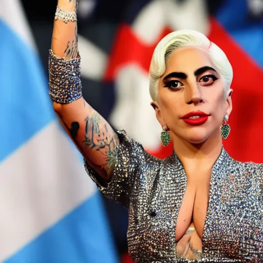 Image similar to Lady Gaga president of Argentina, Argentina flag behind, bokeh, detailed, hd, waving hands