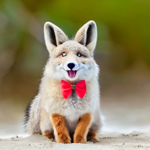 Image similar to a photorealistic adorable chubby fennic fox wolf rabbit hybrid, wearing bows on its fuzzy ears, grinning at the camera with a mischievous look, sharp teeth, happy lighting, at a tropical beach