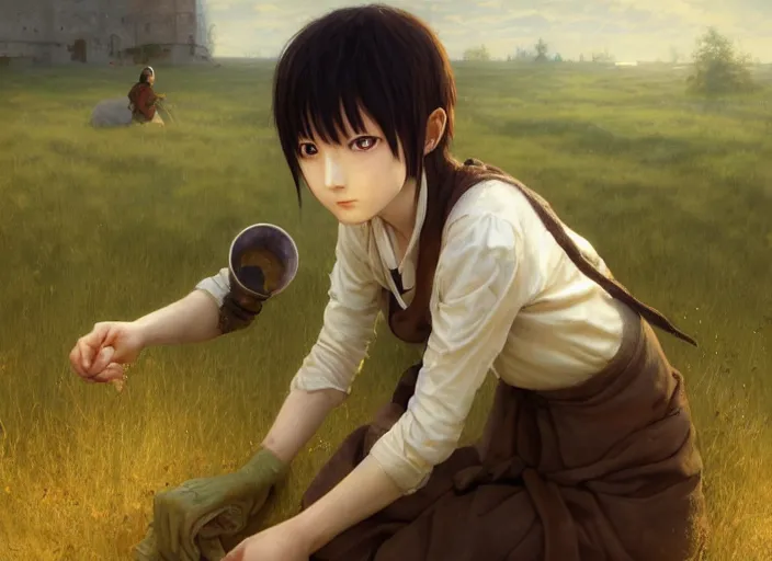 Prompt: lain iwakura from serial experiments lain as medieval peasant working in the field wiping off sweat from forehead wonderful masterpiece highly detailed scifi, cute eyes beautiful cinematic light deep focus, elegant, digital painting, smooth, sharp focus, golden ratio, dramatic illumination, ultra realistic, 4 k, art by greg rutkowski wlop rossdraws