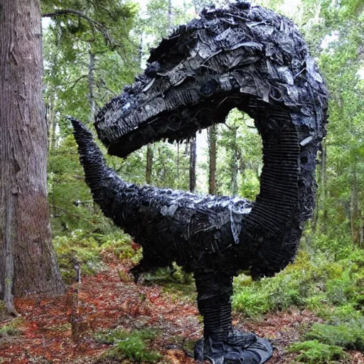 Image similar to mossy recycled tire sculpture of a tyrannosaurus in the forest