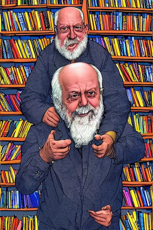 Prompt: an awesome jean giraud digital art masterpiece of robert anton wilson telling jokes at a local bookstore