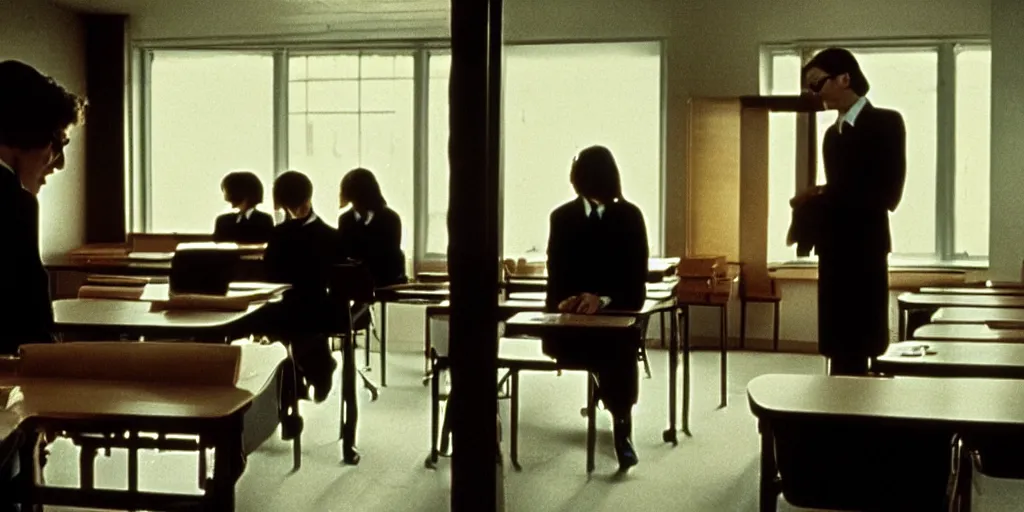 Prompt: screenshot of a substitute teacher at a private school, 1970s psychological thriller by Stanely Kubrick film, color, anamorphic lenses, detailed, sunlit windows, moody cinematography
