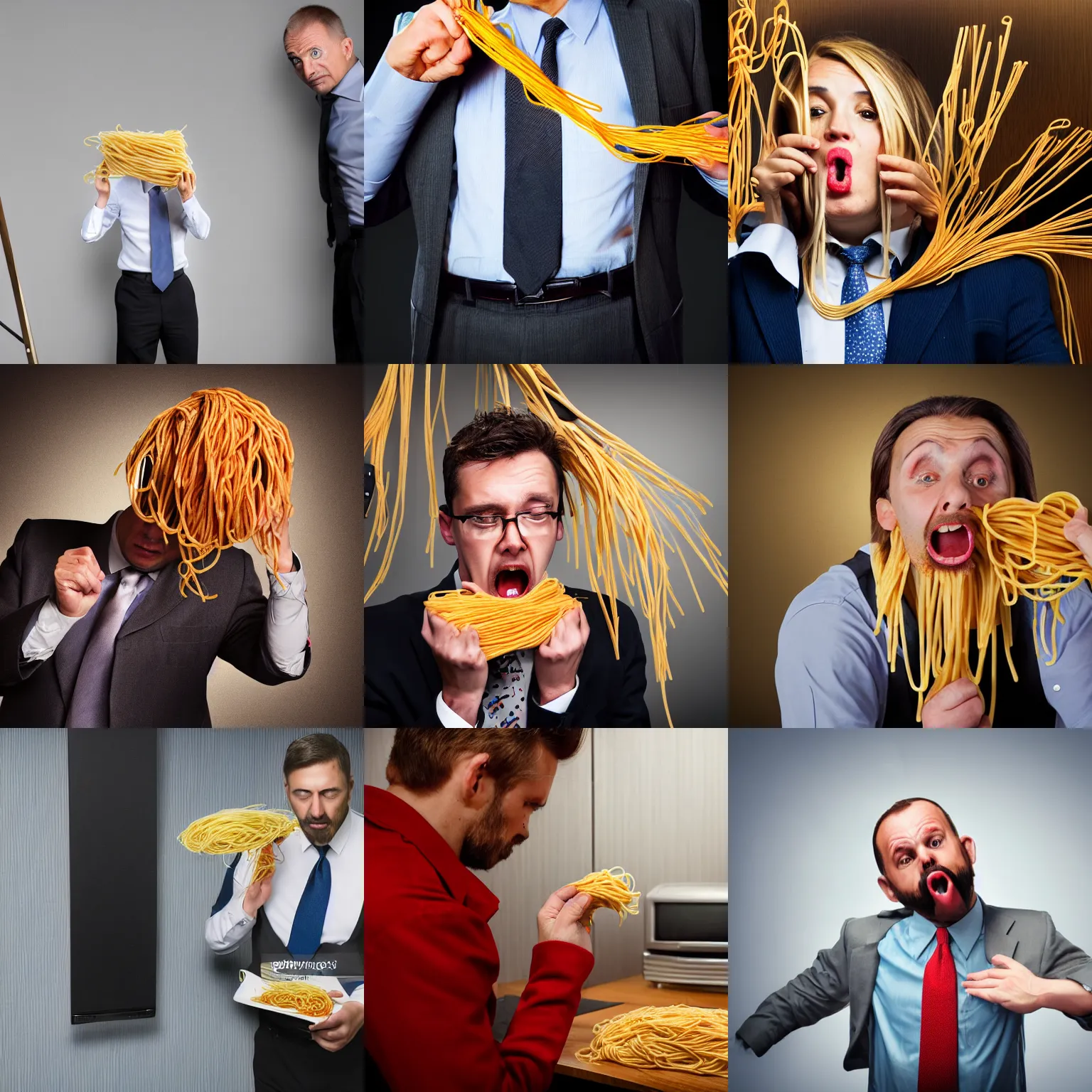 Prompt: a disgruntled office worker with spaghetti falling out of their pockets, photography, realistic, tv still