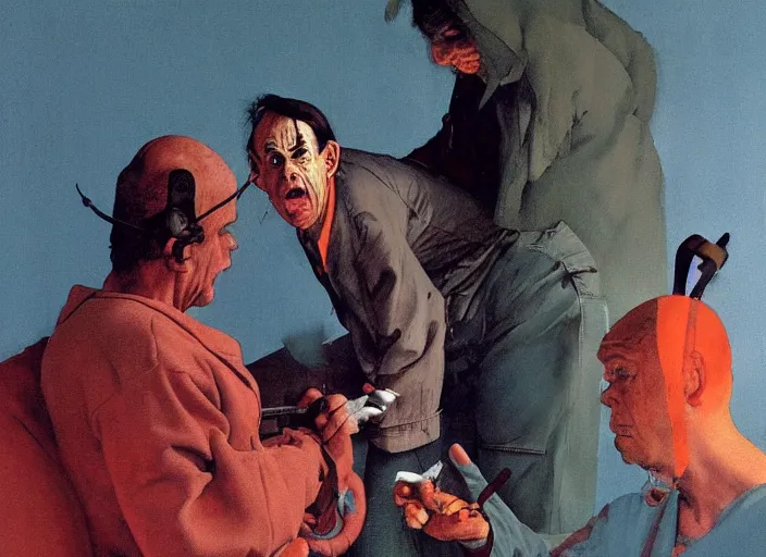 Image similar to a still from the movie one flew over the cuckoo's nest by francis bacon and norman rockwell and james jean, and mark brooks, triadic color scheme, by greg rutkowski, syd mead and edward hopper and norman rockwell and beksinski, dark surrealism, orange and turquoise