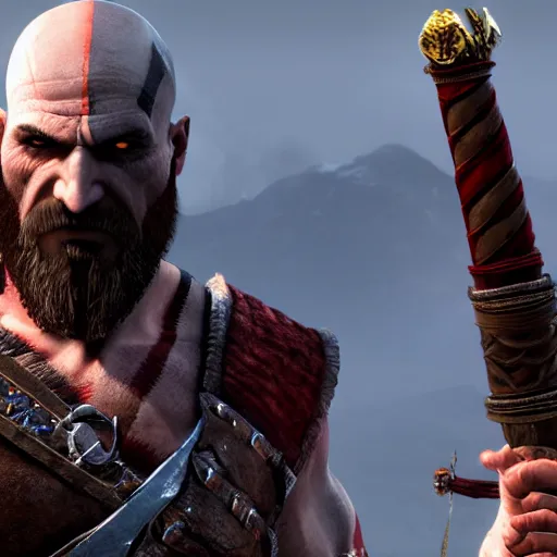 Prompt: kratos the god of war in the witcher 3 universe