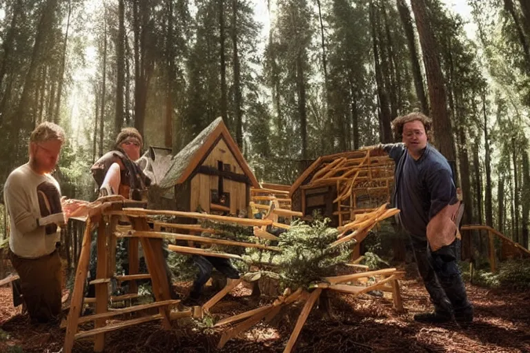 Prompt: movie scene portrait closeup, real life team of chubby elves building a tiny house in the forest natural lighting by emmanuel lubezki