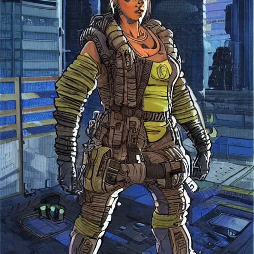 Prompt: Apex legends cyberpunk weightlifter. Concept art by James Gurney and Mœbius.