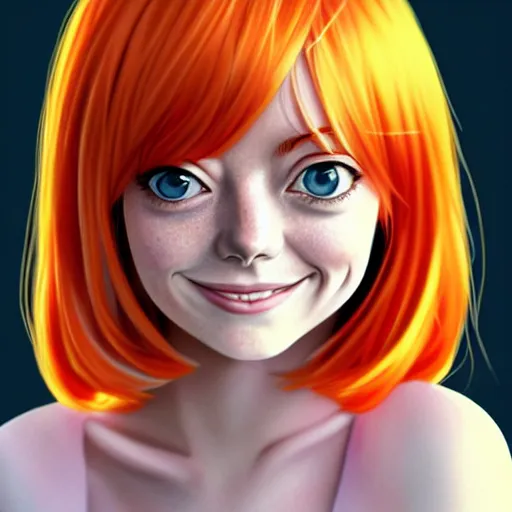 Image similar to <https://s.mj.run/Ku8PZQlrOPQ> beautiful anime girl, Emma Stone, orange glowing hair, sarcastic smiling, clear clean face, symmetrical face, blurry background, pose, trending on artstation, Alexandra Fomina artstation, face by Ilya Kushinov style, style by Loish, Norman Rockwell, painterly style, flat illustration