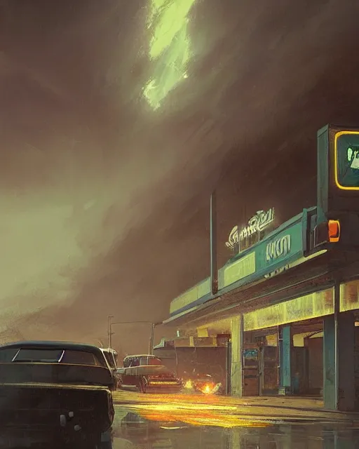 Image similar to a highly detailed epic cinematic concept art CG render digital painting artwork: Soviet gas station, lightning storm. By Greg Rutkowski, in the style of Francis Bacon and Syd Mead and Norman Rockwell and Beksinski, open ceiling, highly detailed, painted by Francis Bacon and Edward Hopper, painted by James Gilleard, surrealism, airbrush, Ilya Kuvshinov, WLOP, Stanley Artgerm, very coherent, triadic color scheme, art by Takato Yamamoto and James Jean