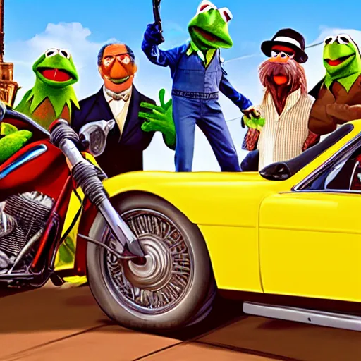 Image similar to the muppets as grand theft auto characters, 4k, high detail, high-resolution photograph