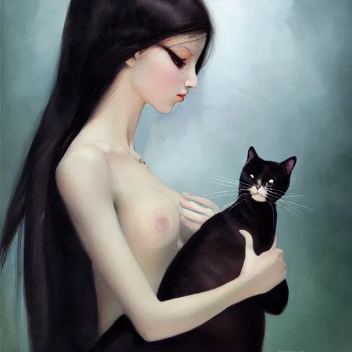 Image similar to a painting of a woman holding a cat, a photorealistic painting by tran nguyen and ilya kuvshinov, featured on deviantart, gothic art, goth, gothic, detailed painting