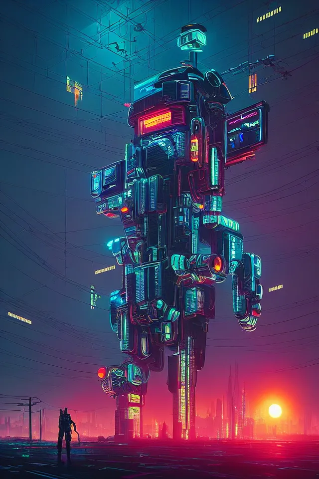 Prompt: cyberpunk mechatower made out of billions of stacked computer screens by simon stalenhag and dan mumford, mass effect fantasy, cinematic lighting, golden hour