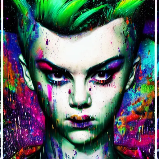 Prompt: splashes of neon galaxies, mowhawk, punk women portrait made out of paint with rain in the background, trending on artstation, epic composition, emotional, beautiful, rendered in octane, highly detailed, realistic, tim burton comic book art, sharp focus, unreal engine