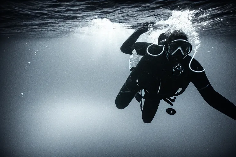 Image similar to a ominous scuba diver swimming underwater, photo-realistic low lighting, creepy, vast, shot by a camera,