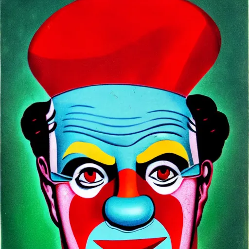 Prompt: communist clown portrait, propaganda art style, vivid colors