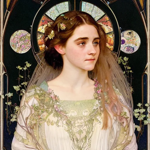 Prompt: a detailed, intricate art nouveau portrait painting of a girl who resembles 1 8 - year - old saoirse ronan and emma watson in a white bridal gown, in a garden of fireflies and glowing lanterns at night, by alphonse mucha, donato giancola, and john william waterhouse