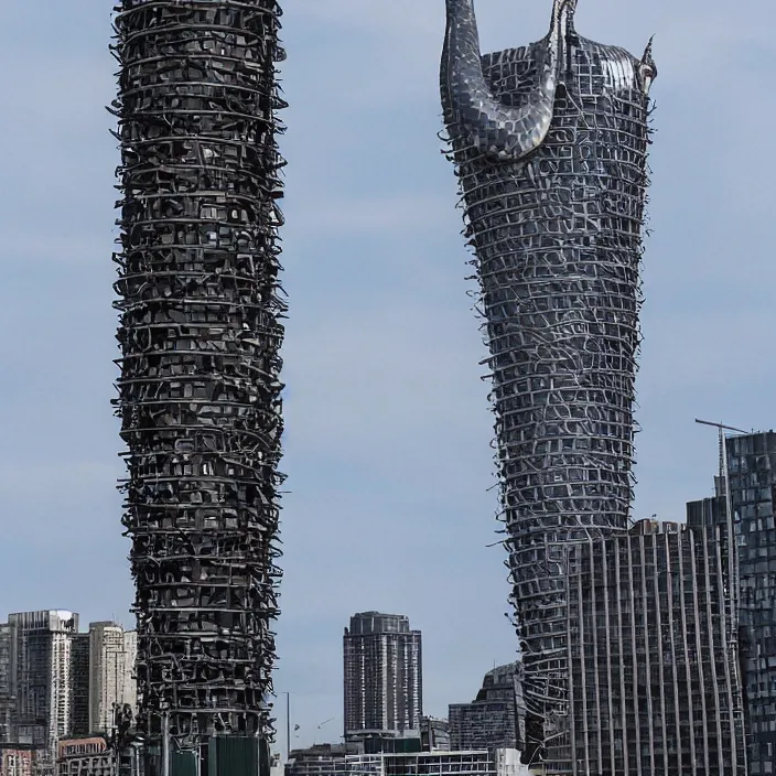 Prompt: Evil tower in the cityscape, with a giant snake coiled around it, hissing and ready to strike.