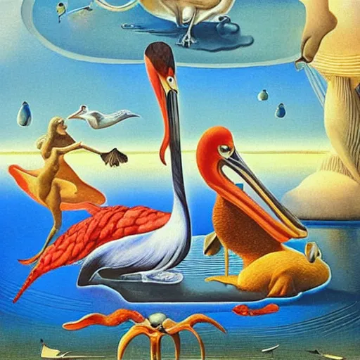 Prompt: a beautiful abstract with goldfish, pelicans and a human couple in an alien landscape by salvador dali and gerald brom w 1 0 2 4