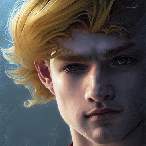 Image similar to an epic fantasy comic book style portrait painting of a young blonde boy wearing plain thief clothes, d & d, fantasy, intricate, elegant, highly detailed, digital painting, artstation, concept art, matte, sharp focus, illustration, art by artgerm and greg rutkowski and alphonse mucha