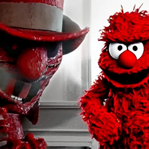 Prompt: elmo finds out he has feelings for freddy krueger, ultra realistic cinematic quality, 8 k, hdr, super detailed, moody atmosphere, film noir but in full colour