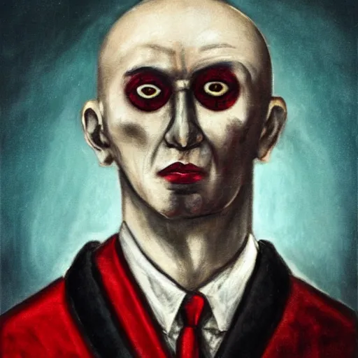 Image similar to portrait of alexander abdulov, with a red eyes, satanic body, head of old man, in blood of sinners, hellish style