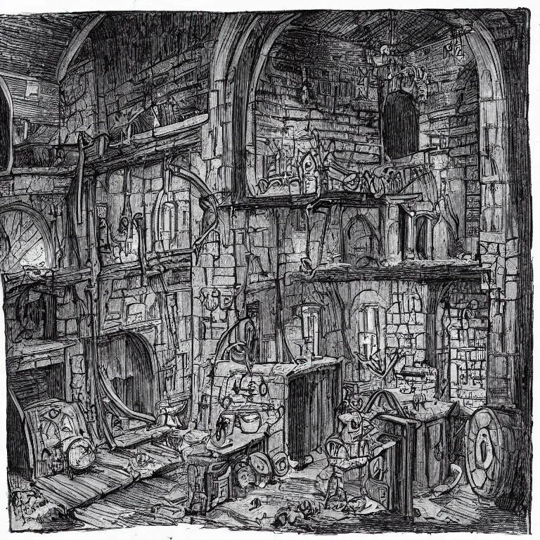 Prompt: description of room in the dungeon, description, osr dungeon, tomb of horror, illustration, high details