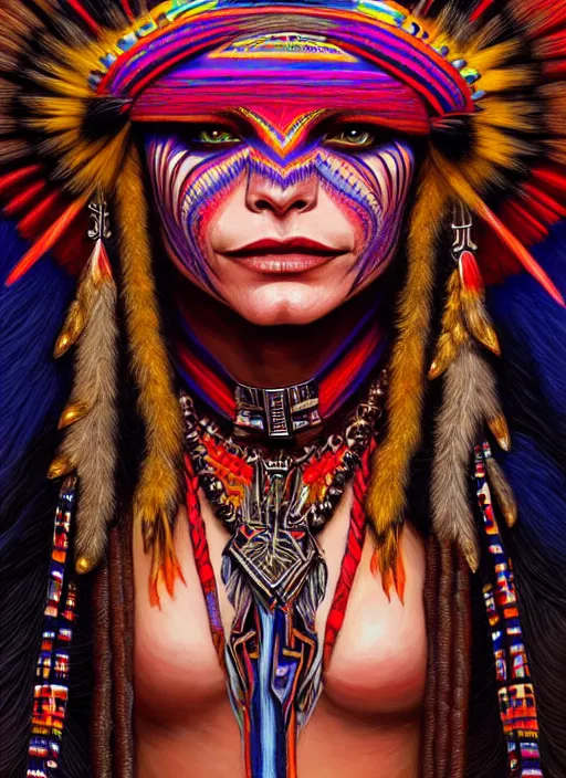 Image similar to portrait of michelle pfeiffer, hyper detailed ultra sharp aztec shaman warrior. trending on artstation, warpaint aesthetic, bloodwave, colorful, psychedelic, ornate, intricate, digital painting, concept art, smooth, sharp focus, illustration, art by artgerm and greg rutkowski and h. r. giger, 8 k