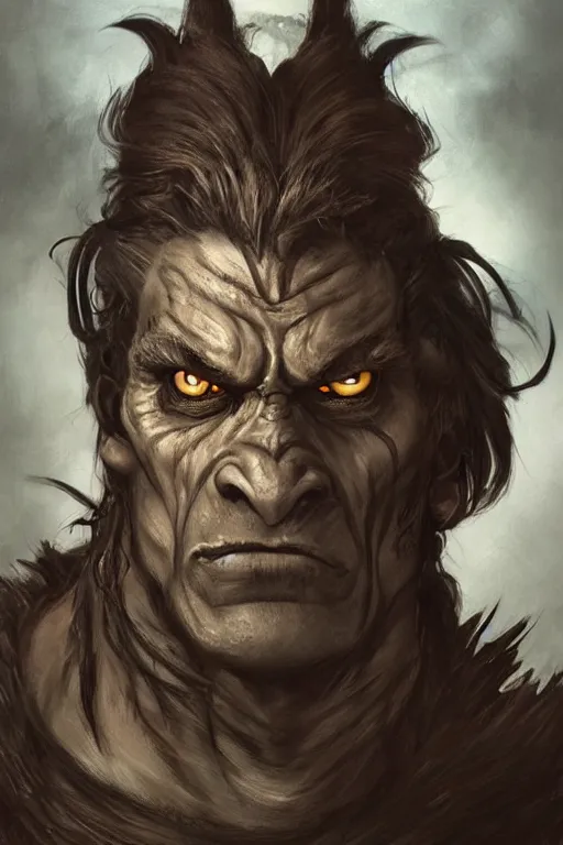 Image similar to portrait of a young ruggedly handsome hulking herculean orc bugbear demon pirate, male, masculine, upper body, night black hair, fantasy, frown, war face paint, intricate, elegant, highly detailed, digital painting, artstation, concept art, matte, sharp focus, illustration, art by artgerm and greg rutkowski and alphonse mucha