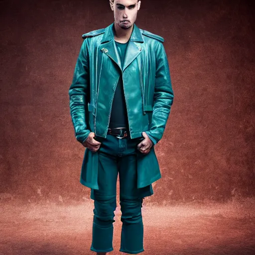 Image similar to an award - winning editorial photo of a male model wearing a teal distressed baggy medieval cropped leather menswear jacket, 4 k, studio lighting