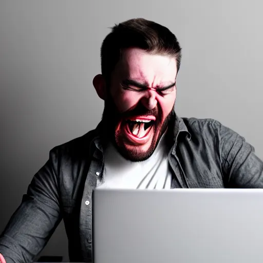 Prompt: a man with bloodshot eyes pointing at his computer screen and laughing