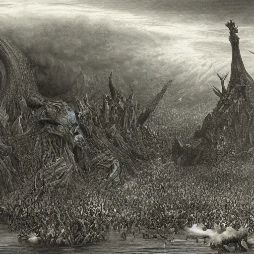 Prompt: godzilla sized deer demolish city, gustave dore