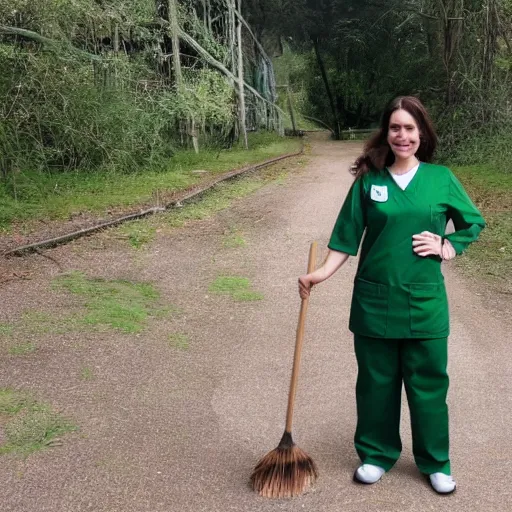 Prompt: a nurse with long brown hair and wearing green scrub nurse uniform riding on a broomstick like a witch