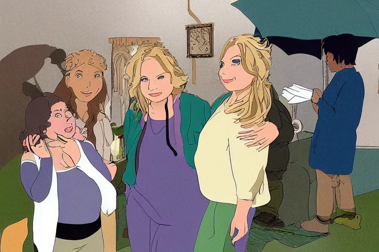 Image similar to Jennifer Saunders on the set of Friends by Studio Ghibli, digital art, illustration, cute