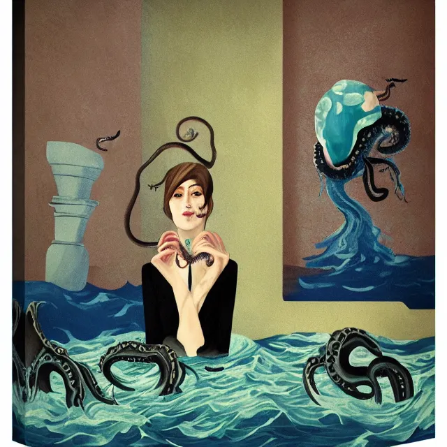 Image similar to tall female emo artist holding an octopus in a flooded cafe, octopus, water gushing from ceiling, painting of flood waters inside a cafe, a river flooding indoors, pomegranates, pigs, ikebana, water, octopus, river, rapids, waterfall, black swans, canoe, berries, acrylic on canvas, surrealist, by magritte and monet